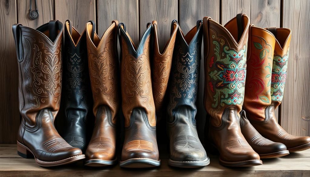 Boot styles including cowboy and work boots